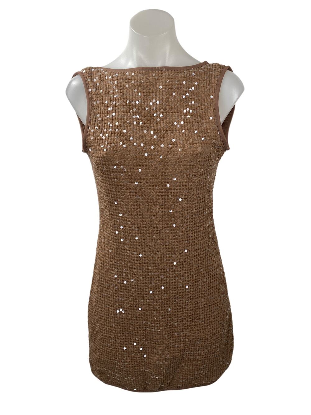 NEW Missguided Brown Sequin Boat Neck Waffle Knit Open Back Mini Dress Size S